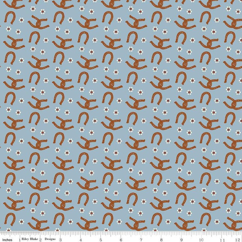 Wild Rose Horseshoes C14045 Blue - Riley Blake Designs - Flowers Western - Quilting Cotton Fabric