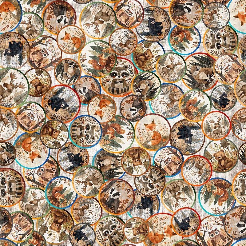 Bearsville Animal Tondos 31260 Birch E - QT Fabrics - Token Circle Animals Bear Fox Owl Moose - Quilting Cotton Fabric