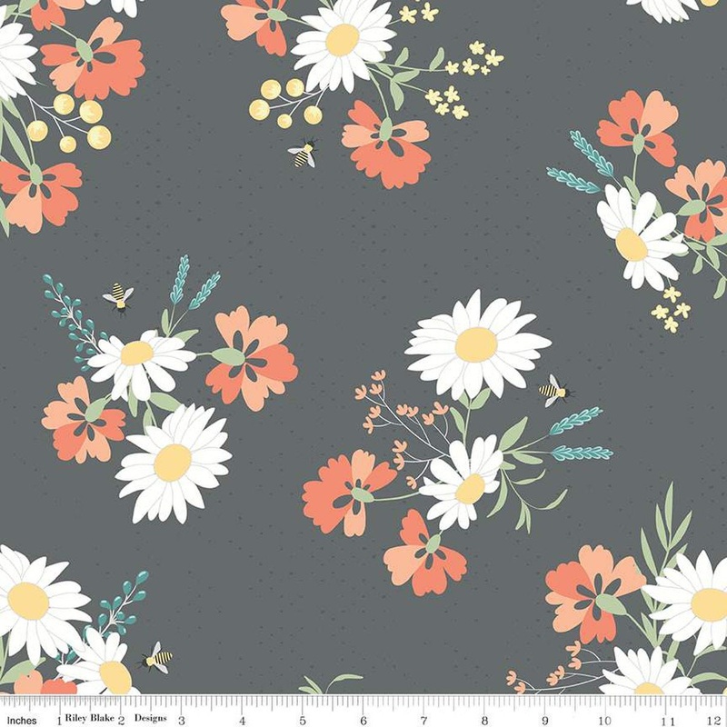 SALE Sunshine & Sweet Tea Main C14320 Steel - Riley Blake Designs - Floral Flowers Bees Pin Dots - Quilting Cotton Fabric