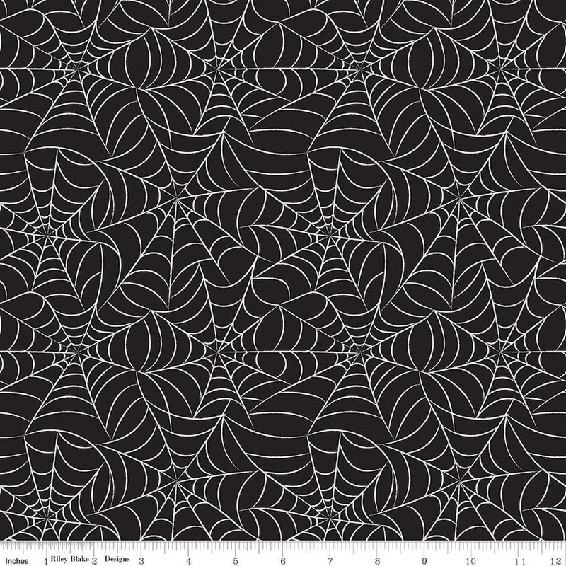SALE Frank and Friends Webs Black Glow in the Dark Spider Fabric - GC17474 - Riley Blake Quilting Cotton Fabric