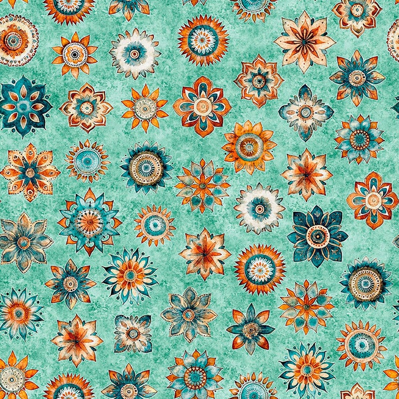 Born To Run Mandalas 31480 Turquoise Q - QT Fabrics - Floral Flowers Blossoms Petals - Quilting Cotton Fabric
