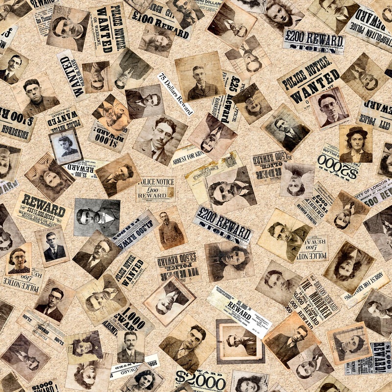 SALE True Detective Detective Ephemera 30720 Tan A - - QT Fabrics - Wanted Mugshot - Quilting Cotton Fabric
