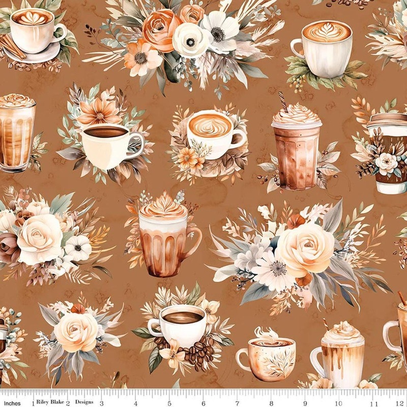 SALE Coffee Time Main Cinnamon Brown DIGITALLY PRINTED Fabric - CD17130 - Riley Blake Quilting Cotton Fabric