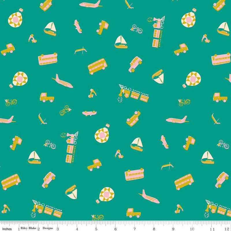 The Genesis of a Journey Modes of Travel C16932 Teal - Riley Blake Designs - Boat Car Train - Quilting Cotton Fabric