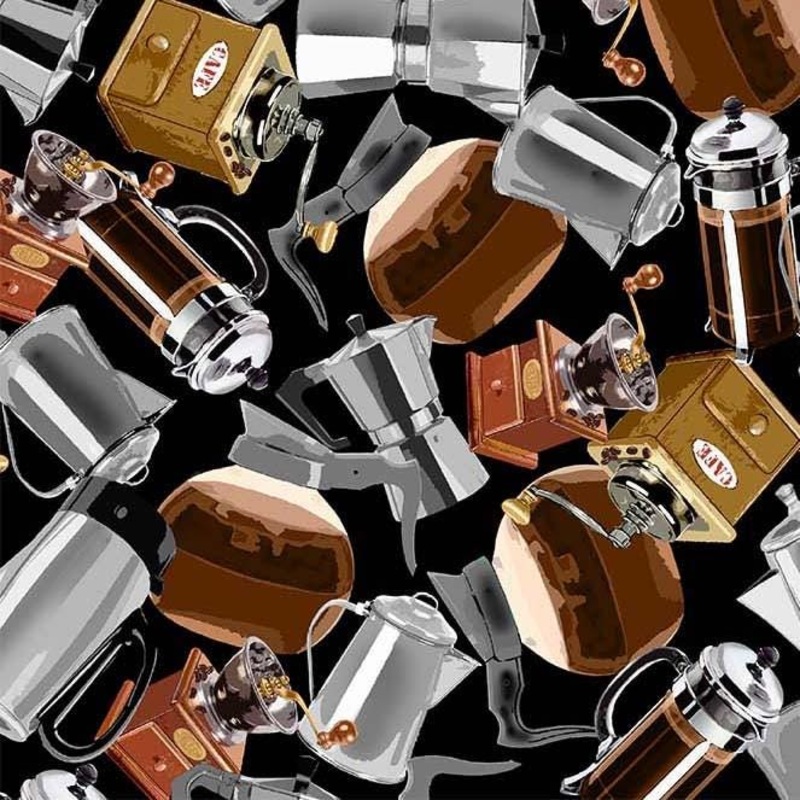 SALE Espresso Yourself Coffee Brewing DCX12057 Black - Michael Miller - Coffee Latte French Press Coffee Maker - Quilting Cotton Fabric