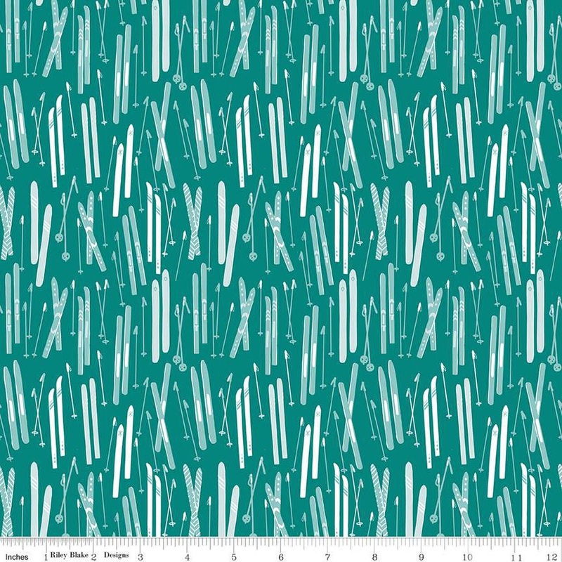 SALE Ski Hill Skis C14771 Teal - Riley Blake Designs - Ski Poles Winter Snow - Quilting Cotton Fabric