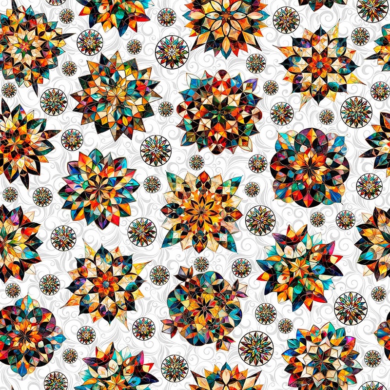 SALE Solstice Kaleidoscope Medallions 31229 White Z - QT Fabrics - Geometric Abstract Stained Glass - Quilting Cotton Fabric