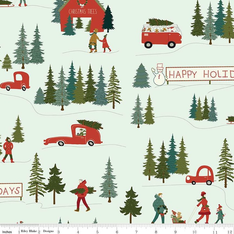 SALE Christmas is In Town Main C14740 Mist - Riley Blake Designs - Cars People Trees Happy Holidays - Quilting Cotton Fabric