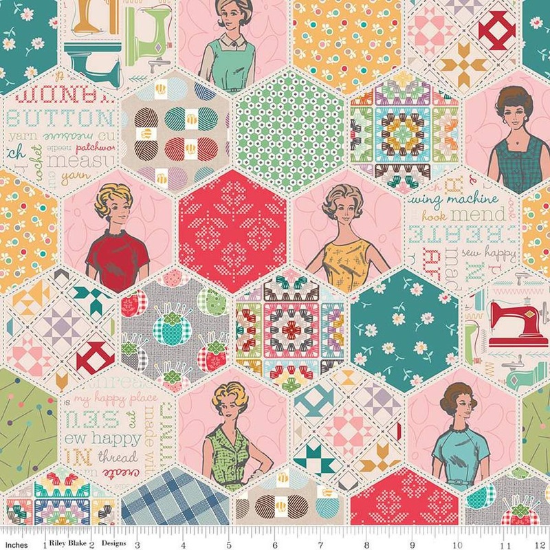 Sew Happy! Hexi Multi Vintage Fabric C16730 - Riley Blake Quilting Cotton Fabric
