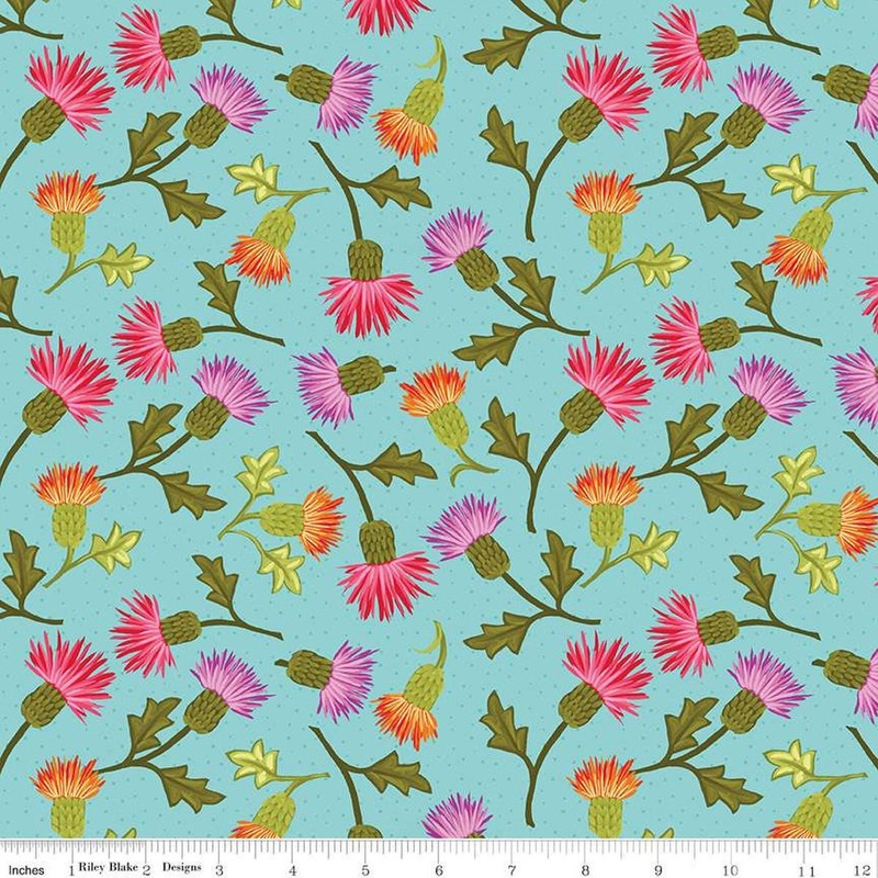Zinnias Thistles CD16692 Aqua - Riley Blake Designs - DIGITALLY PRINTED Floral Leaf Leaves - Quilting Cotton Fabric