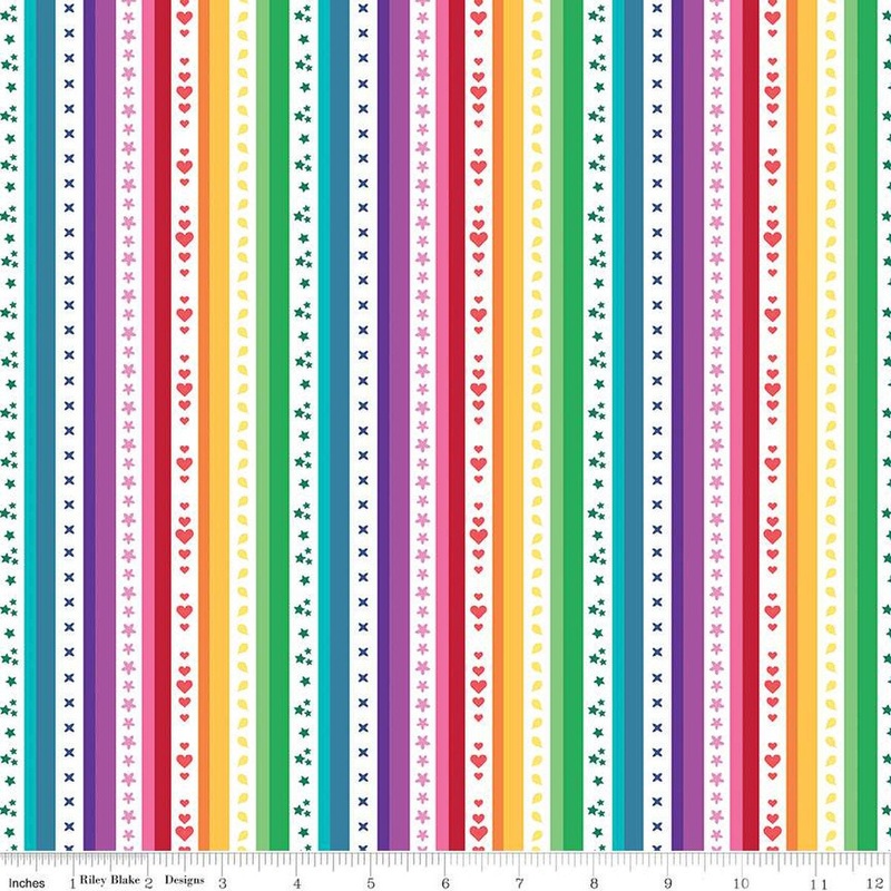 Bloom Stripe C14981 White - Riley Blake Designs - Stripes Striped Flowers Hearts Stars - Quilting Cotton Fabric