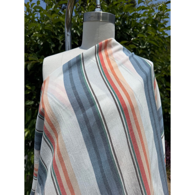 White Blue Coral Stripe Cotton Gauze Woven "Newport Boatride"