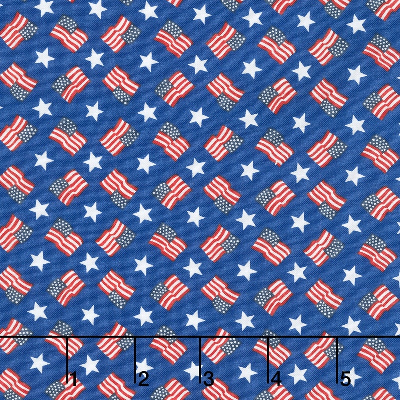 Red, White & Bloom - Tossed Flags And Stripes Midnight Blue Yardage