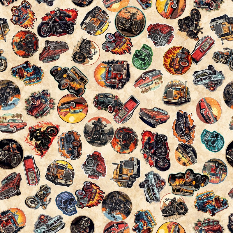 SALE Heavy Metal Stickers 30707 Cream E - - QT Fabrics - Motorcycle Car Truck - Quilting Cotton Fabric