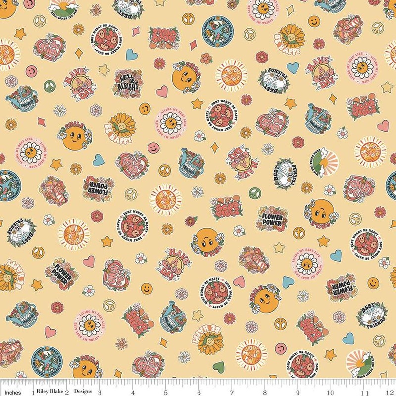 Besties Stickers C15811 Yellow - Riley Blake Designs - Flowers Stars Floral Hearts Smiley Faces - Quilting Cotton Fabric
