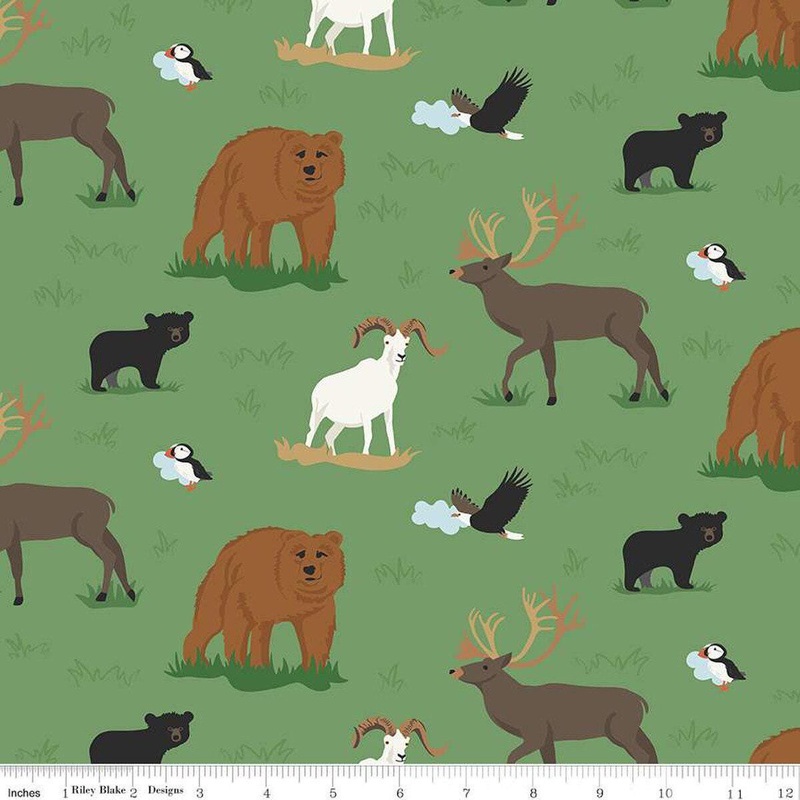 SALE Alaska Wildlife C16166 Green - Riley Blake Designs - Bears Moose Puffin Animals - Quilting Cotton Fabric