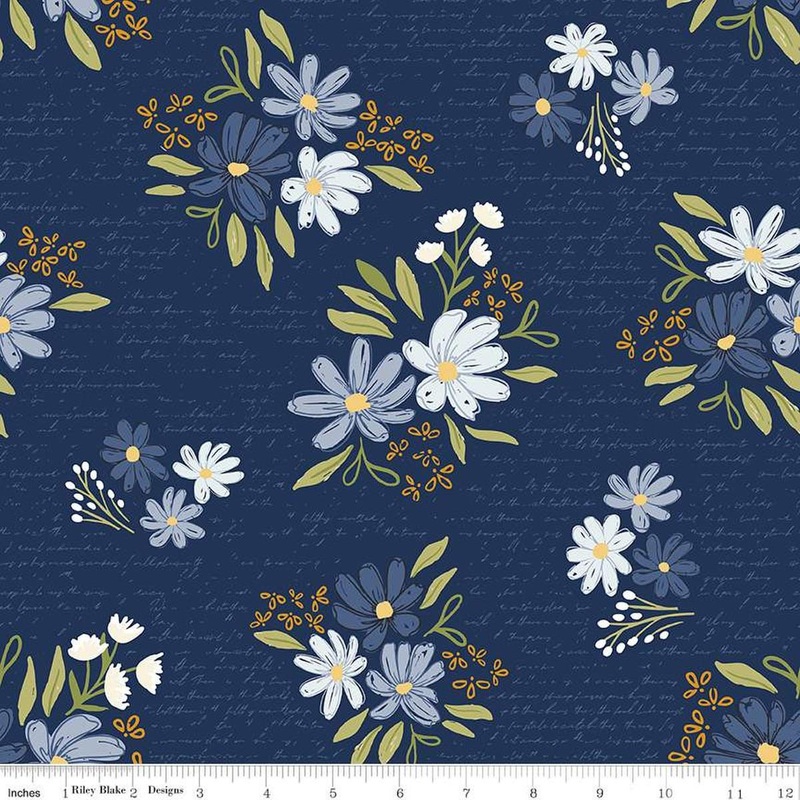 Between the Pages Main C15370 Navy - Riley Blake Designs - Flowers Floral Blossoms Text Words - Quilting Cotton Fabric