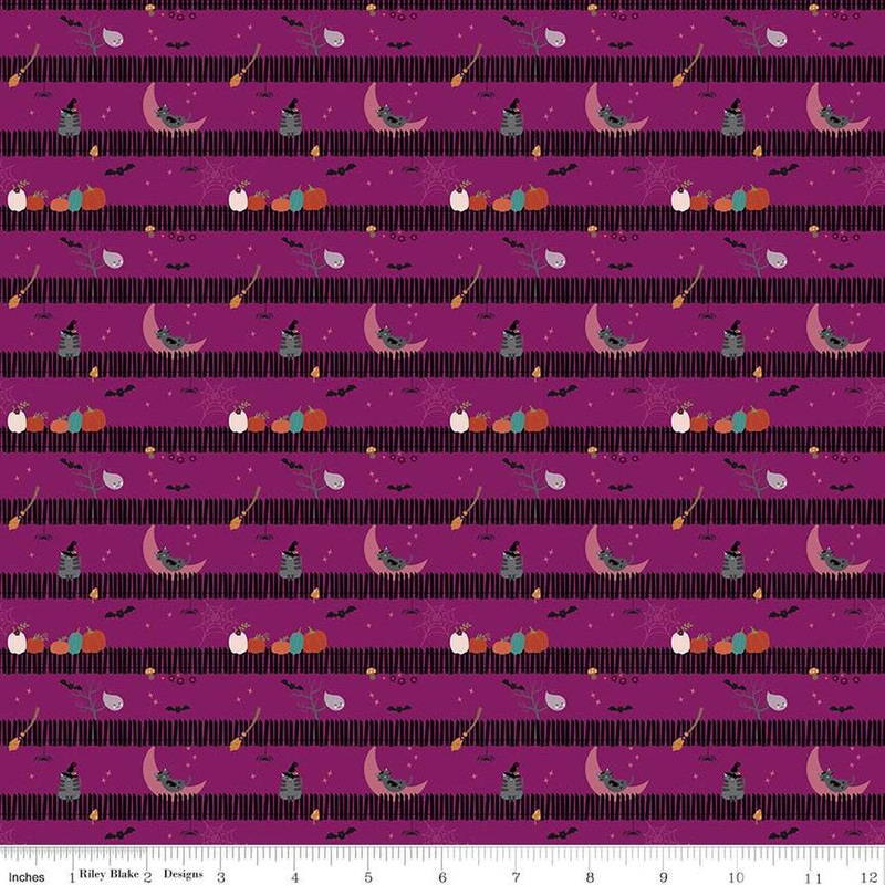 SALE Little Witch Sitting on a Gate Magenta Halloween Fabric C14564 - Riley Blake Quilting Cotton Fabric