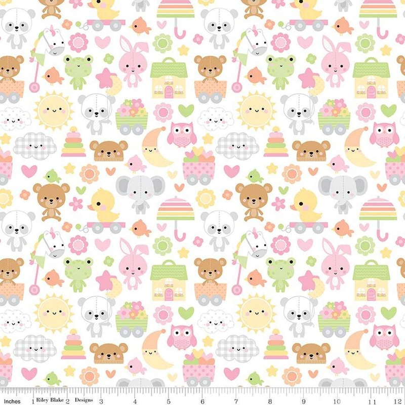 10" End of Bolt - Bundle of Joy Main C15290 White - Riley Blake Designs - Baby Animals Clouds Hearts - Quilting Cotton Fabric
