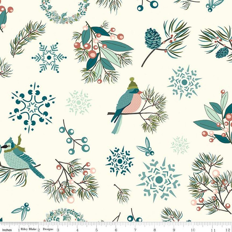 Arrival of Winter Main C13520 Cream - Riley Blake Designs - Birds Snowflakes Wreaths Pinecones Berries - Quilting Cotton Fabric