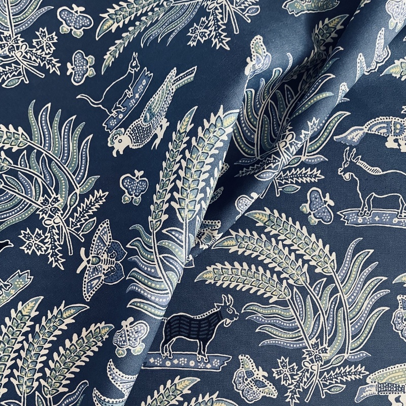 Quadrille Malay Batik Navy Multi on Suncloth Indoor Outdoor Decorator Fabric