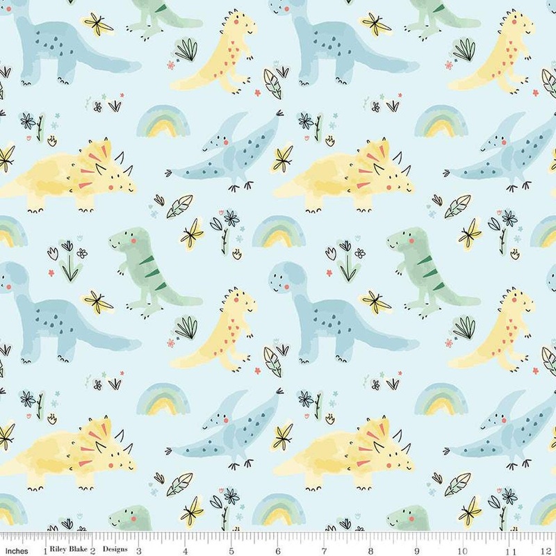 SALE FLANNEL Dinosaurs F14696 Sky - Riley Blake Designs - Dinos Rainbows Leaves Dragonflies Flowers - FLANNEL Cotton Fabric