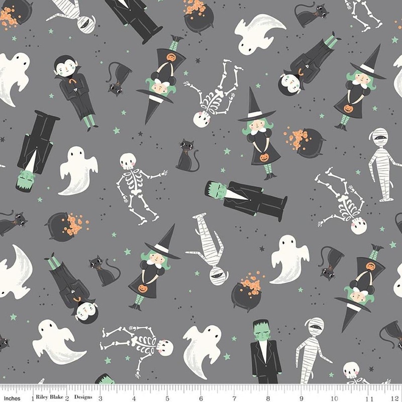 SALE Frank and Friends Main Gray Classic Halloween Characters Fabric - C17470 - Riley Blake Quilting Cotton Fabric