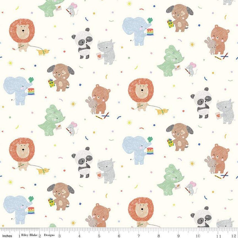 SALE New Box of Crayons Main C16510 Cloud - Riley Blake Designs - Crayon Drawn Animals Confetti - Quilting Cotton Fabric - Licensed Product