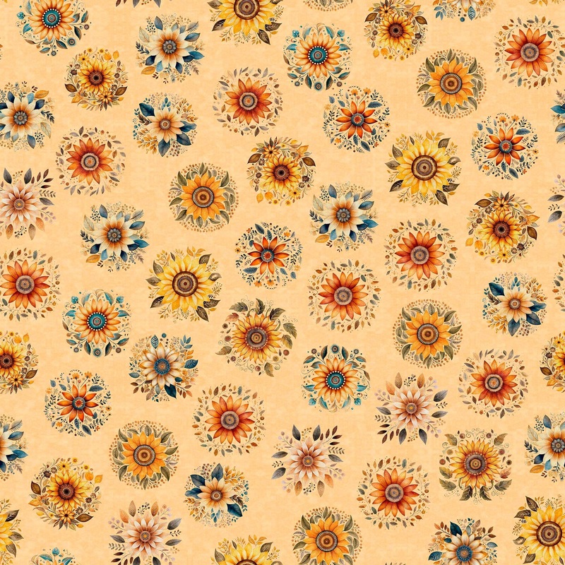 SALE Poultry In Motion Sunflowers 30844 Peach C - - QT Fabrics - Flowers Floral Blossoms Leaves Leaf - Quilting Cotton Fabric