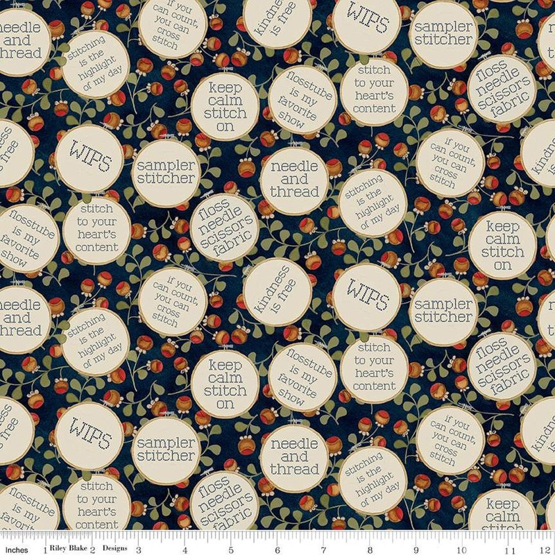 12" End of Bolt - SALE Stitchy Birds Hoops C12602 Midnight - Riley Blake - Sewing Folk Art Flower Cross-Stitch Text - Quilting Cotton Fabric