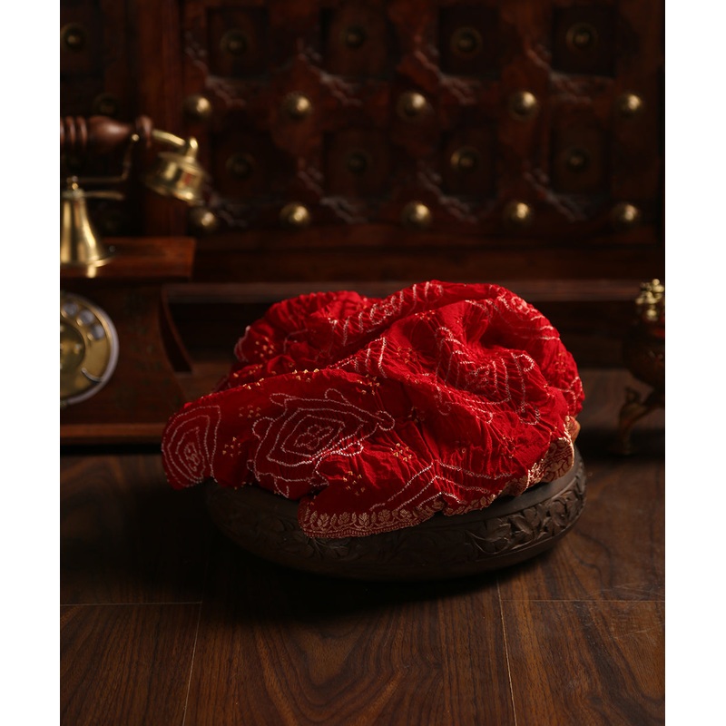 Handloom Dark Red Pure Georgette Banarasi Bandhej Dupatta With Cutwork Weave