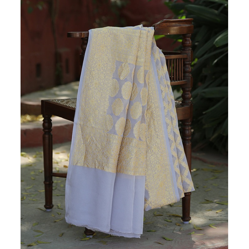 Handloom Dust Grey Pure Georgette Banarasi Dupatta With Cutwork Jaal