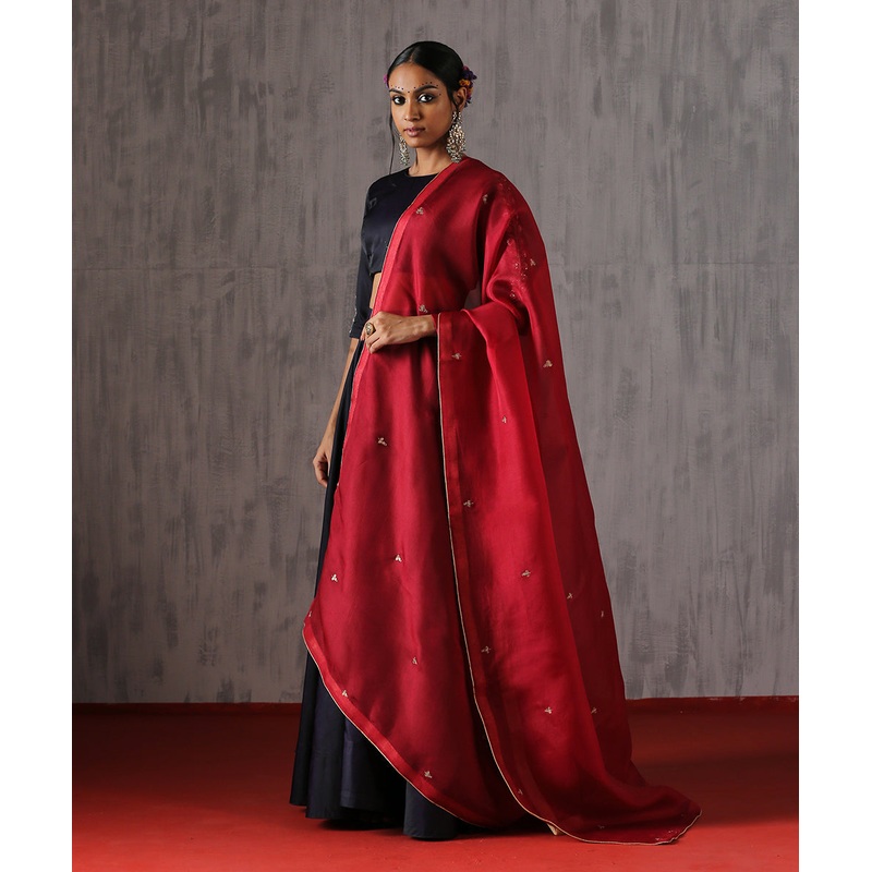 Maroon Hand Embroidered Organza Dupatta With Teen Tikki Booti