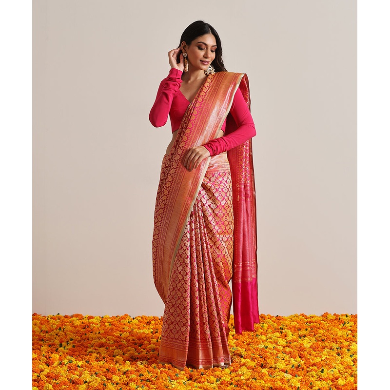 Rani Pink Handloom Pure Katan Silk Kimkhab Banarasi Saree With Meenakari Booti