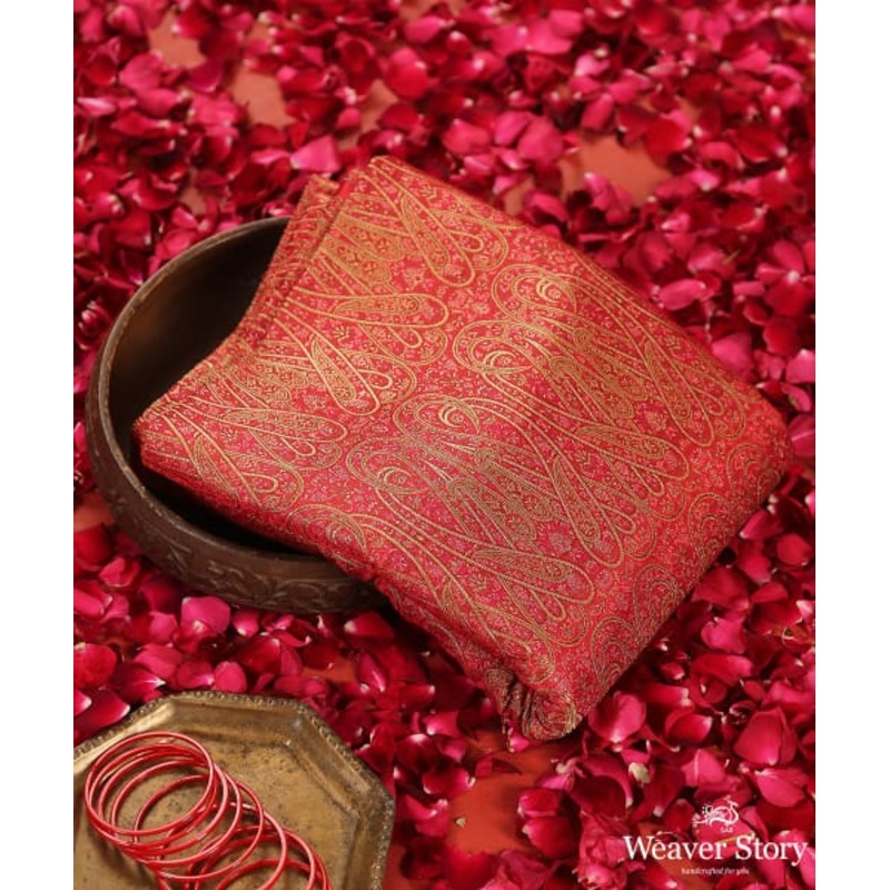 Red Handloom Pure Katan Silk Jamawar Banarasi Fabric With Three Color Zari