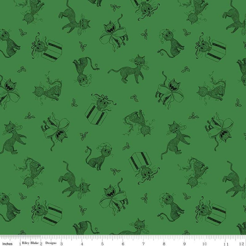 SALE Christmas with Scaredy Cat Toss C13532 Green - Riley Blake Designs - Cats Holly Berries - Quilting Cotton Fabric