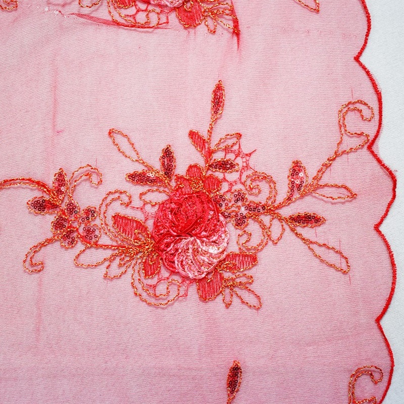1 YD PC-Red-Multi Nylon Embroidery Applique-Sequin Floral Scallop Tulle Fabric