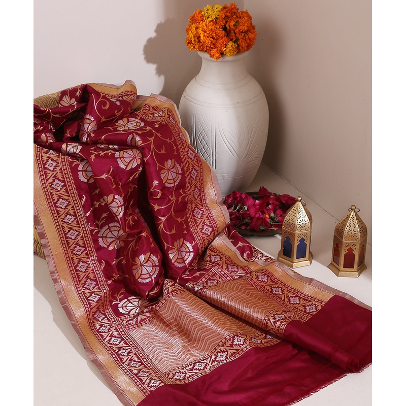 Berry Pink Handloom Banarasi Katan Silk Dupatta Sona Rupa Floral Jaal