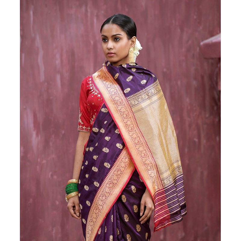 Dark Purple Handloom Pure Katan Silk Banarasi Saree With Cutwork Booti