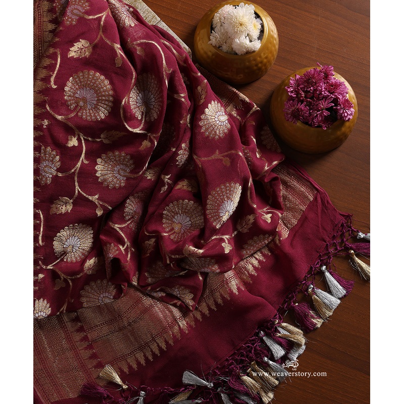 Handloom Wine Pure Jeorgette Cutwork Banarasi Duptta With Floral Jall