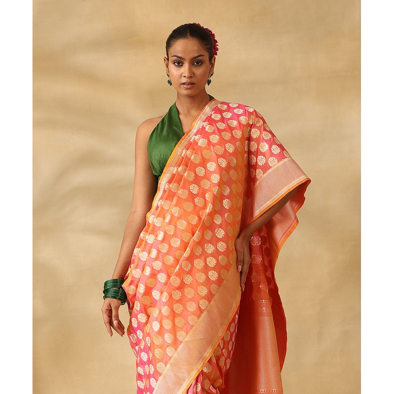 Peach And Pink Handloom Pure Katan Silk Banarasi Saree With Gold Zari Floral Booti