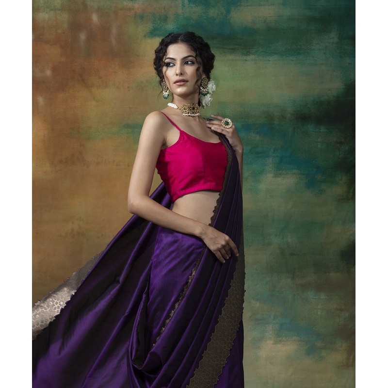 Purple Handloom Katan Silk Plain Scallop Banarasi Saree