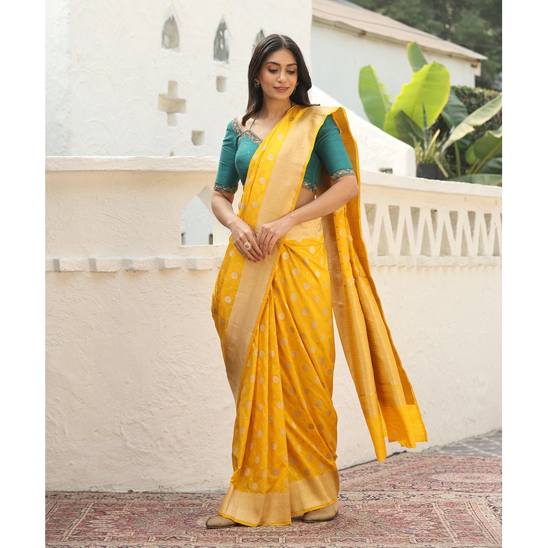 Yellow Handloom Pure Katan Silk Banarasi Saree With Single Zari Work