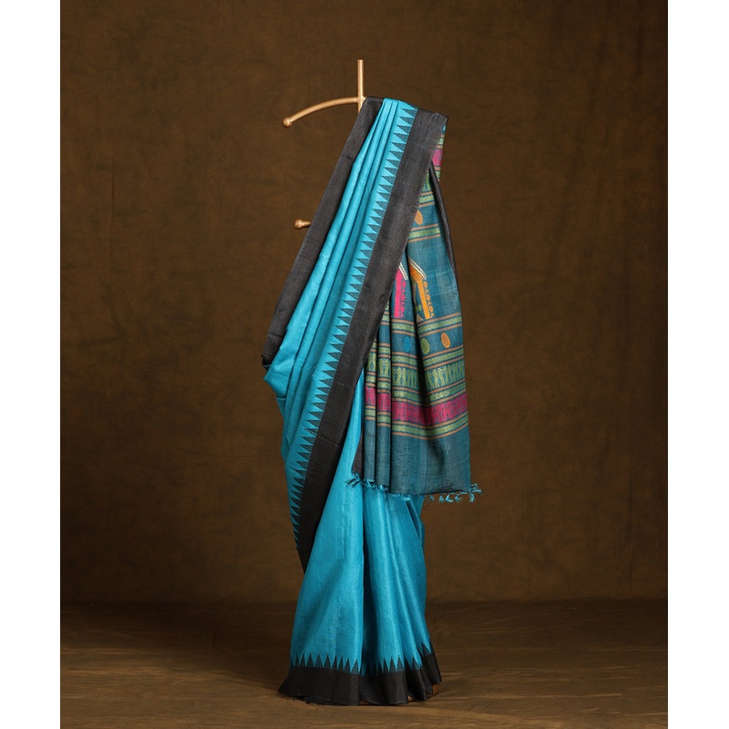 Blue Handloom Pure Kosa Silk Saree With Temple Border And Multicolor Pallu