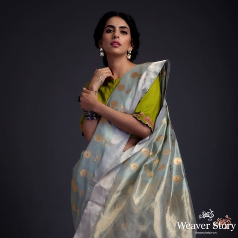Duck egg blue chanderi silk saree with gold zari floral motifs
