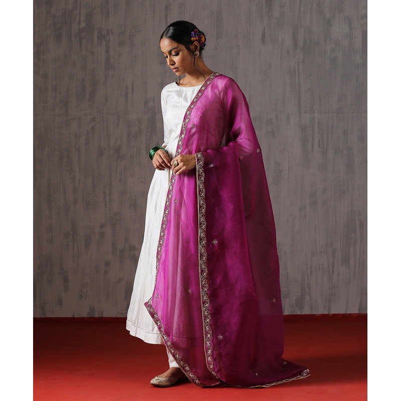 Purple Hand Embroidered Zardozi Dupatta With Leaf Border