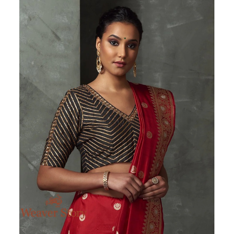 Black Matka Silk Blouse with Hand Embroidered Gota and Aari Work