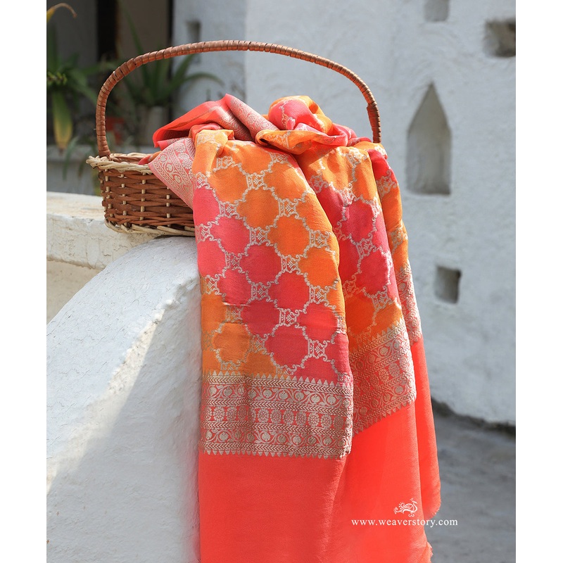 Yellow And Carrot Pink Handloom Pure Georgette Banarasi Rangkat Dupatta With Gold Zari Diamond Jaal