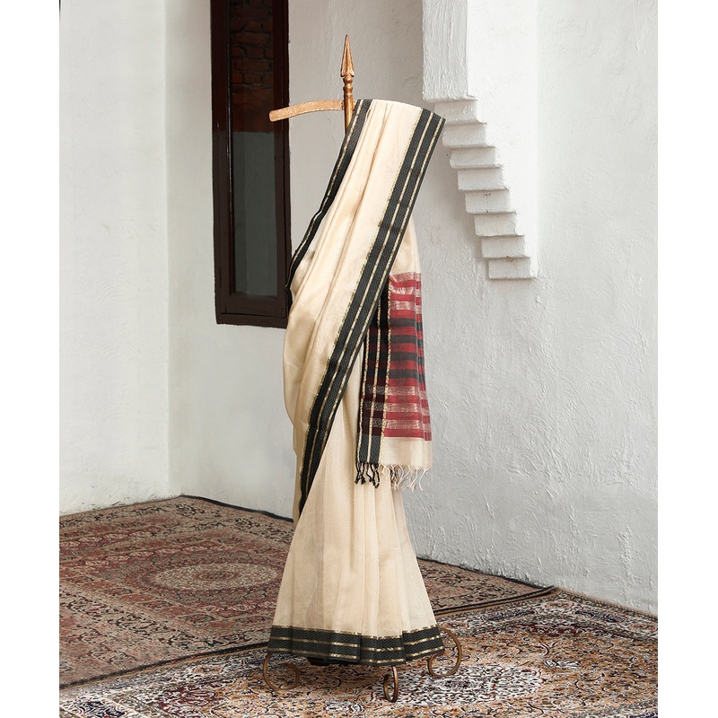 Beige And Maroon Handloom Pure Cotton Silk Maheshwari Saree With Stripes And Black Resham Border