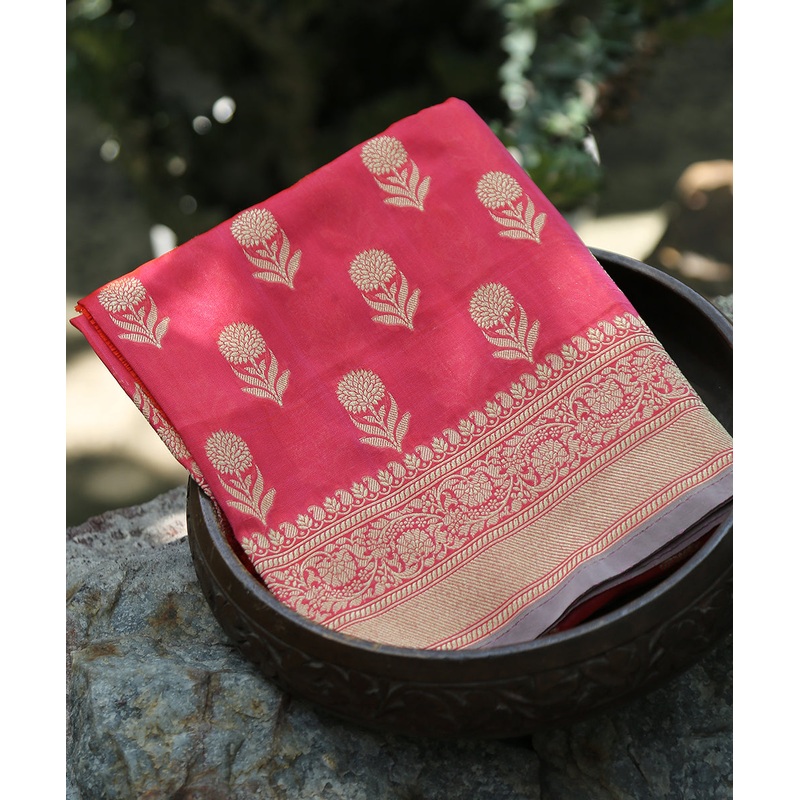 Handloom Salmon Pink Pure Katan Georgette Banarasi Dupatta With All Over Cutwork Booti